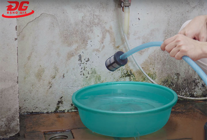 Thả đầu dây hút nước vào chậu nước, nguồn nước