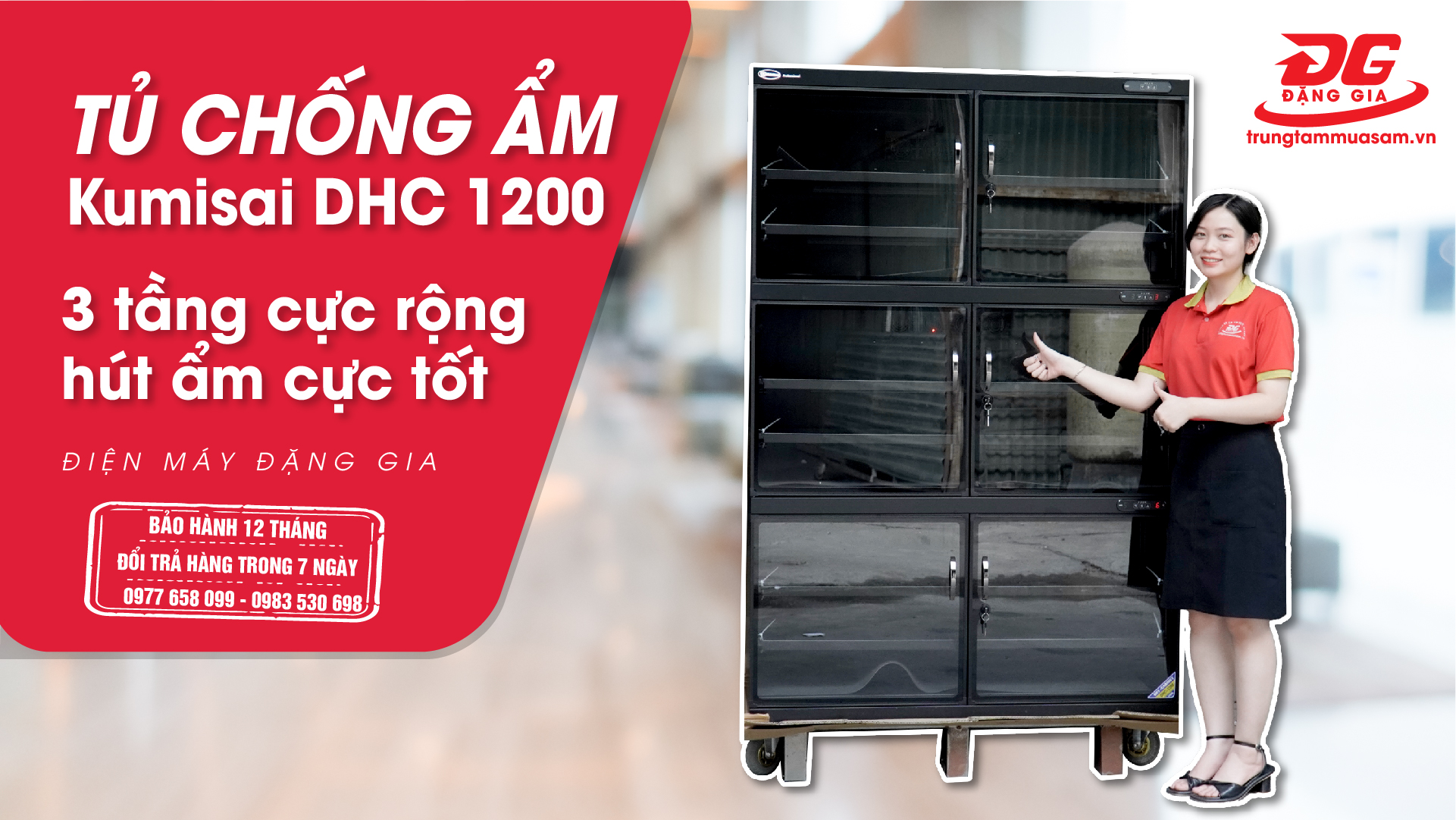 Tủ chống ẩm 1200L KUMISAI DHC 1200 - 3 khoang cực rộng, hút ẩm cực tốt