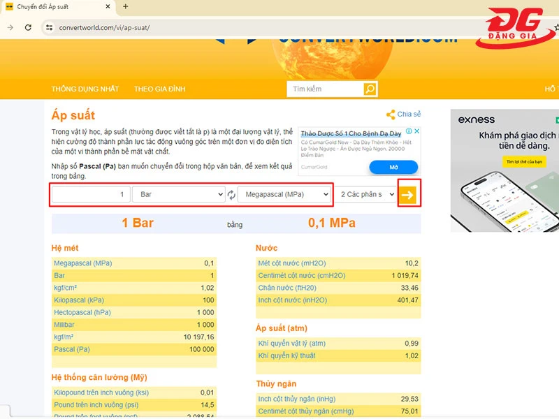 Sử dụng công cụ Convert World để chuyển đổi đơn vị bar