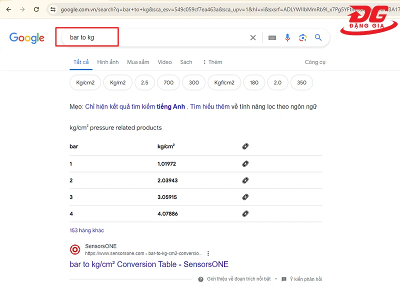 Sử dụng Google để đổi đơn vị bar