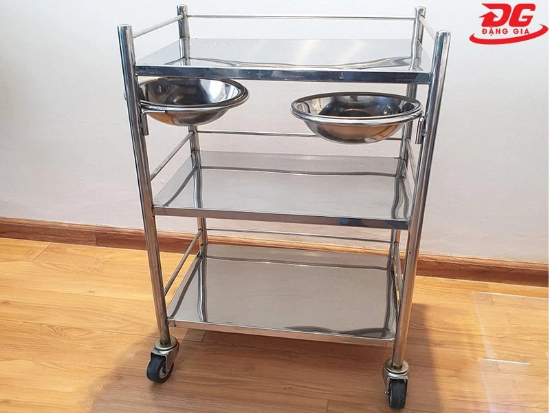 Xe đẩy 3 tầng bằng inox có bát đựng nước