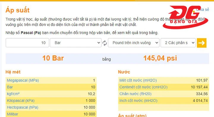 Cách đổi đơn vị đo áp suất trên web Convertworld