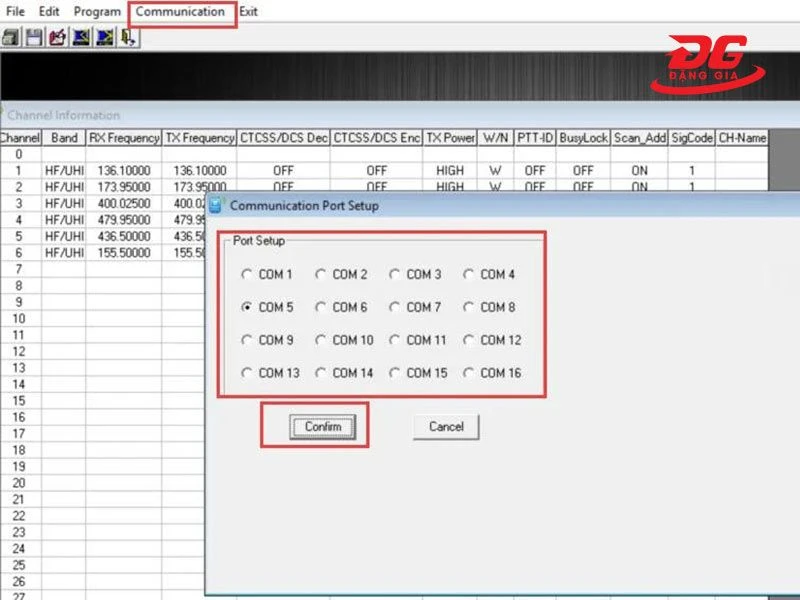 Chọn cổng COM phù hợp với trình làm việc của thiết bị