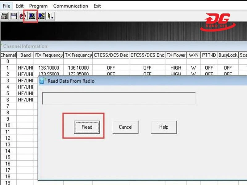 Nhấn “Read” để kiểm tra thông tin của bộ đàm