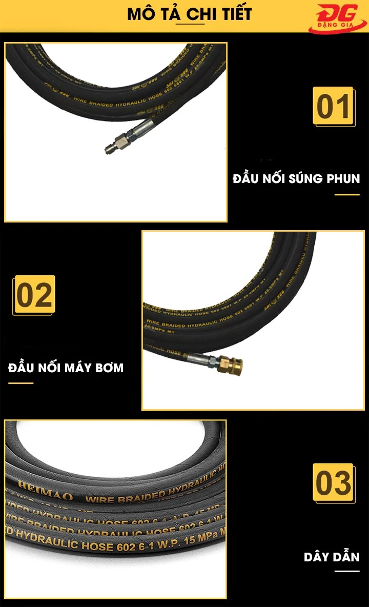 Mô tả chi tiết dây rửa xe cao áp 10m lõi thép