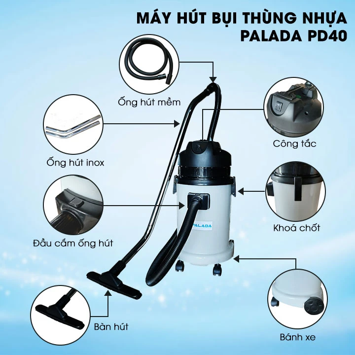 Cấu tạo máy hút bụi thùng nhựa Palada PD40