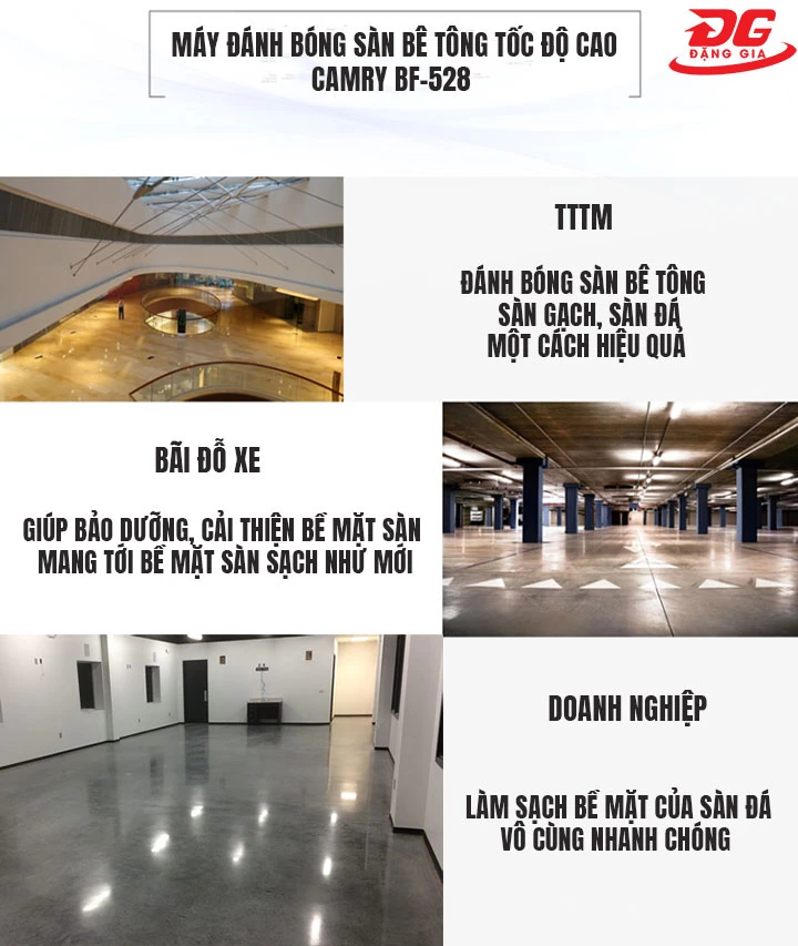 ứng dụng máy đánh bóng sàn bê tông tốc độ cao Camry BF-528