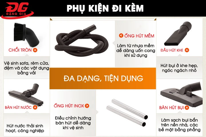 Bộ phụ kiện đầy đủ giúp máy thực hiện được mọi yêu cầu làm sạch