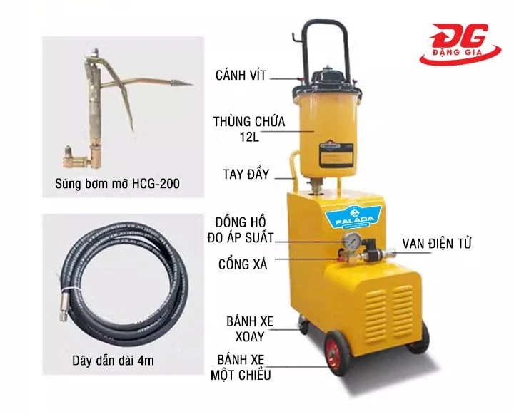Máy bơm mỡ điện Palada PD-D1 đi kèm đầy đủ phụ kiện
