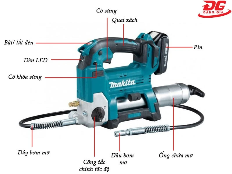 Cấu tạo máy bơm mỡ pin 18V Makita DGP180Z