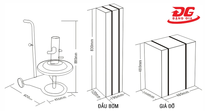 Kích thước máy bơm mỡ khí nén Palada PD-7