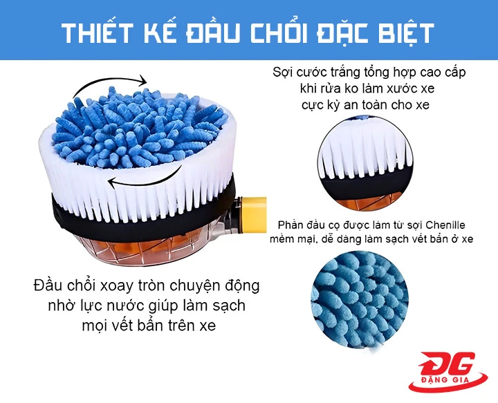 Đầu chổi xoay tròn 360 độ, dễ dàng làm sạch các vết bẩn trên xe