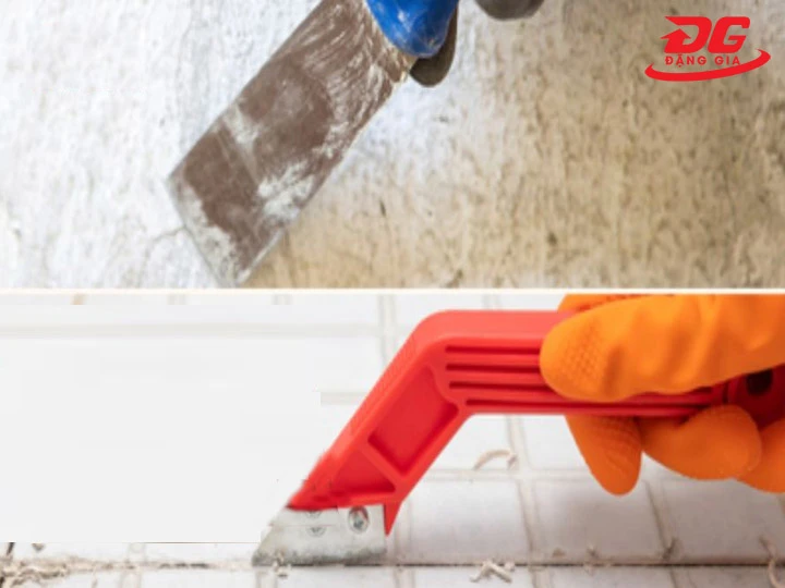 Dùng dao cạo và vật cứng tẩy xi măng nền gạch