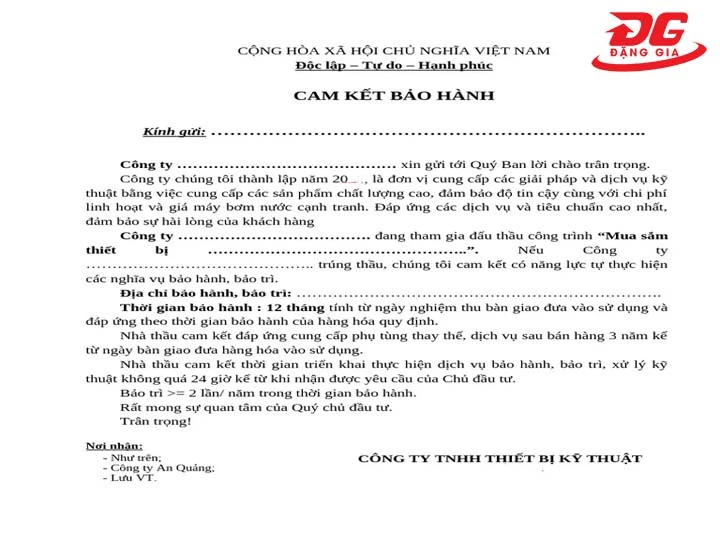 phiếu cam kết, bảo hành máy nén khí cũ