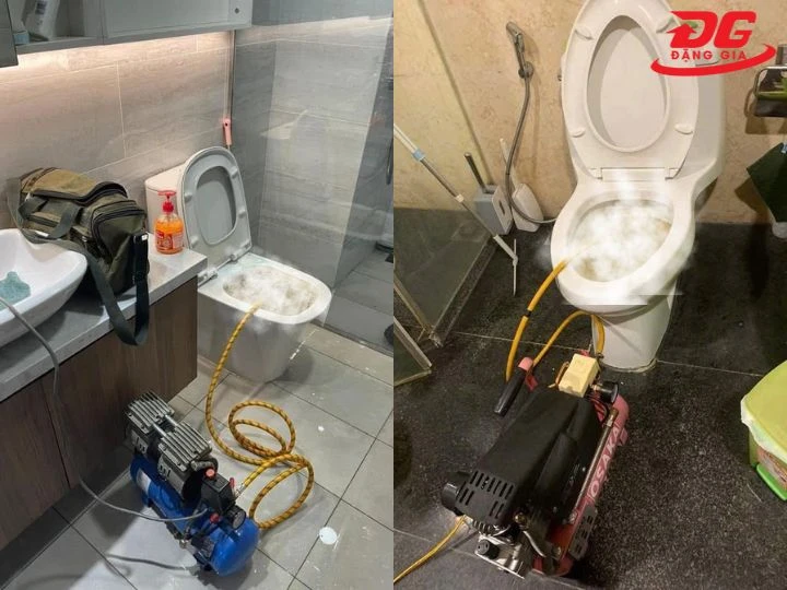 Chuẩn bị dụng cụ thông cống bằng máy nén khí