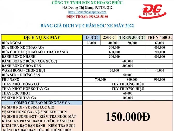 bảng giá rửa xe