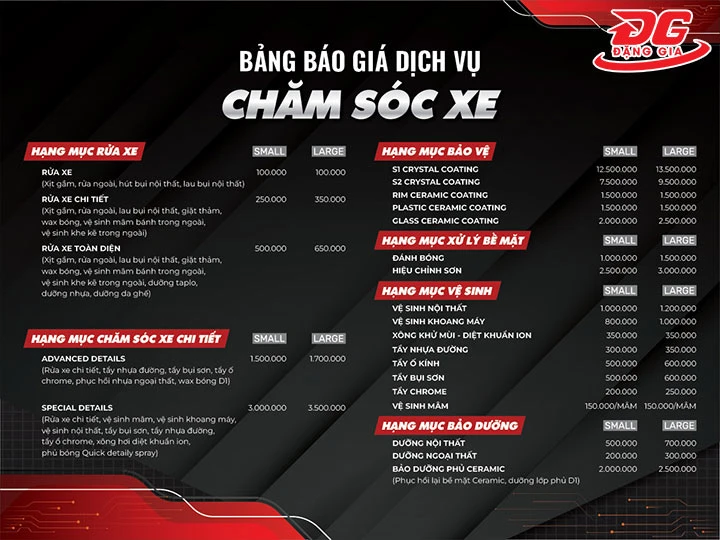bảng giá rửa xe Bình Dương