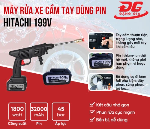 Máy rửa xe Hitachi 199V cầm tay dùng pin 2