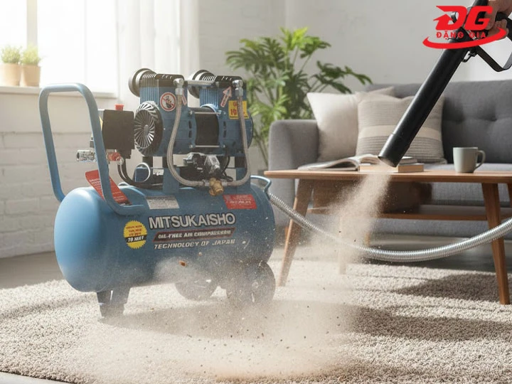 ứng dụng Máy nén khí Mitsukaisho thổi bụi cho thảm