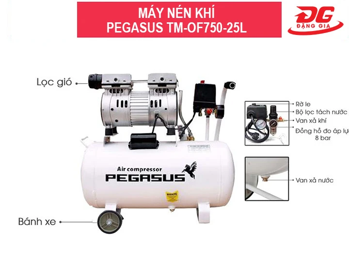 Máy nén khí mini giảm âm PEGASUS TM-OF750-25L