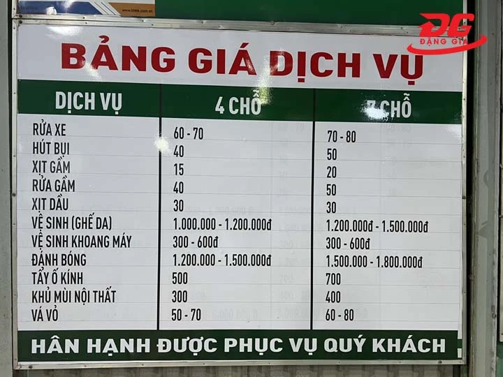 bảng giá rửa xe Thủ Đức