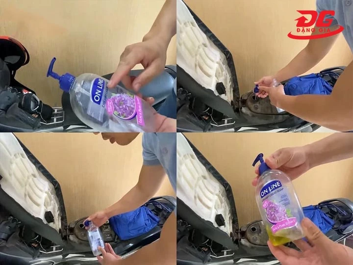hút xăng xe máy tay ga bằng chai dầu gội