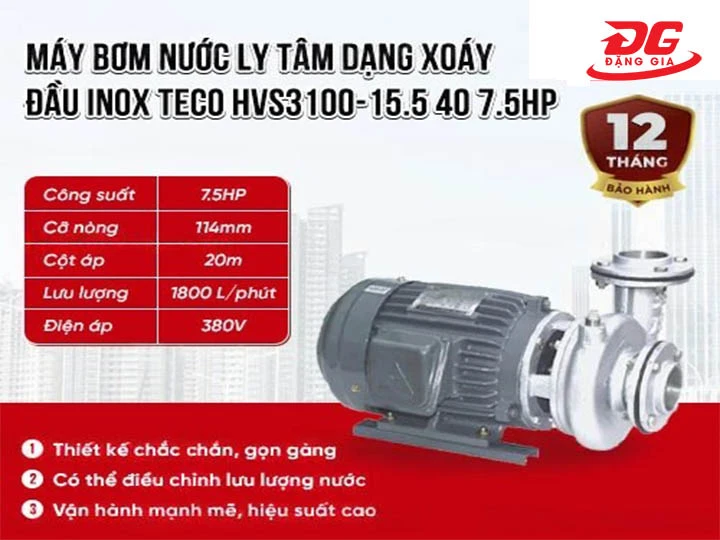 Máy bơm nước inox TECO HVS3100-15.5 40 7.5HP thiết kế chắc chắn