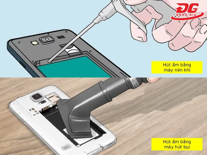 hút ẩm xử lý điện thoại bằng máy nén khí và máy hút bụi
