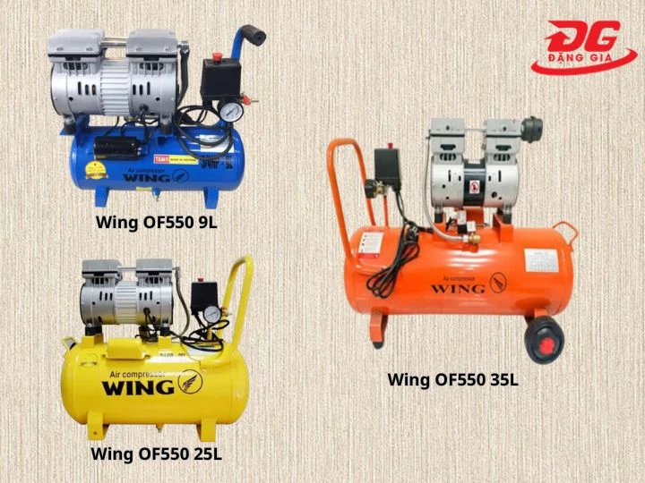 Đầu nén Wing OF550 lắp được cho bình tích áp có dung tích nhỏ từ 9L, 25L đến 35L.