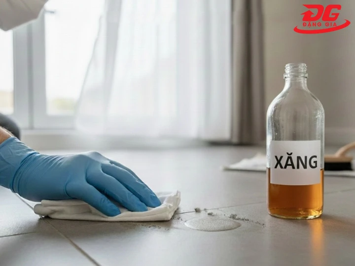 Dùng xăng tẩy vết xi măng trên nền gạch nhám