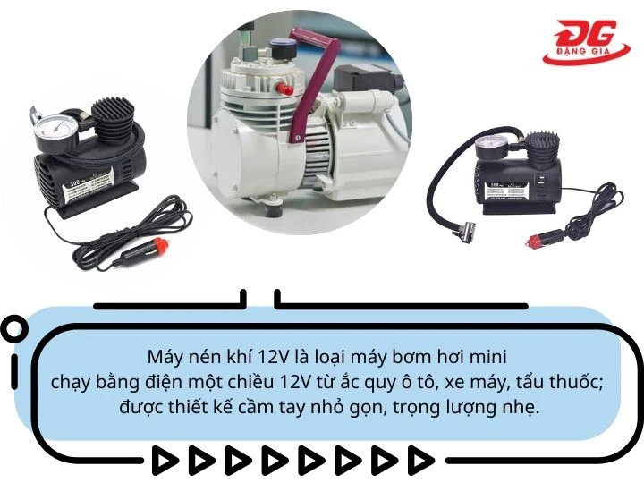 Máy nén khí 12V là loại máy nén hơi mini cầm tay, sử dụng nguồn điện một chiều