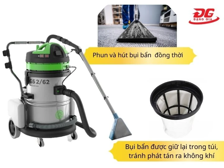 Máy hút bụi giặt thảm IPC GS 2/62 EXT có thể vừa phun vừa hút bẩn, vừa giữ bụi mịn tối ưu