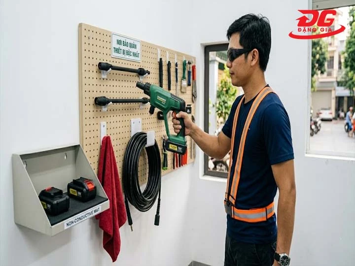 Lau khô và bảo quản máy rửa xe pin