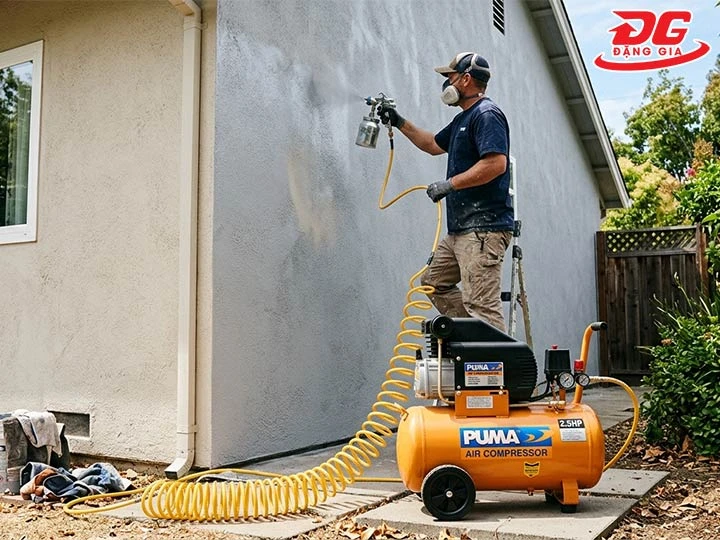 sử dụng máy nén khí để phun sơn tường nhà