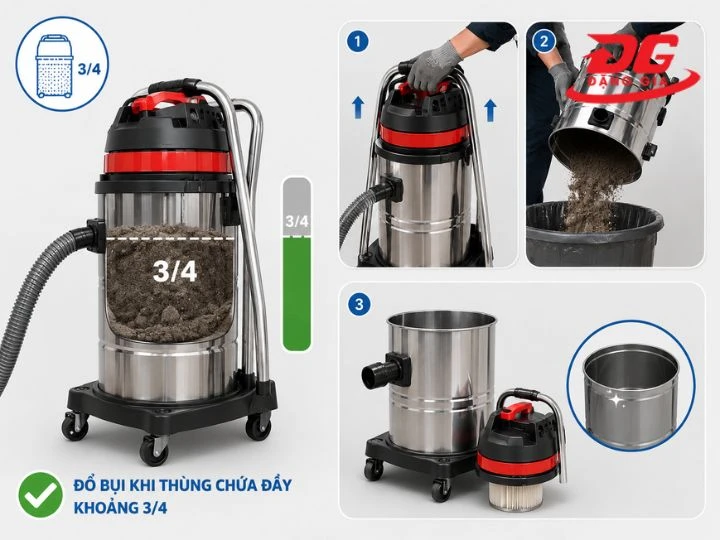 Đổ bụi và dọn vệ sinh máy hút bụi TopClean TC80S sau hút