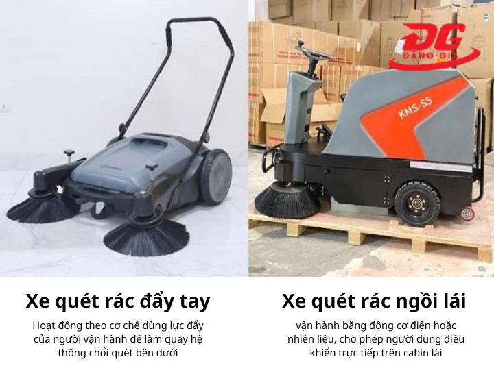 Sự vận hành của xe quét rác đẩy tay và xe quét rác ngồi lái