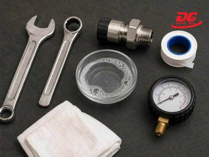 Dụng cụ cần chuẩn bị để lắp đặt cút nối nhanh đầu cái ren ngoà