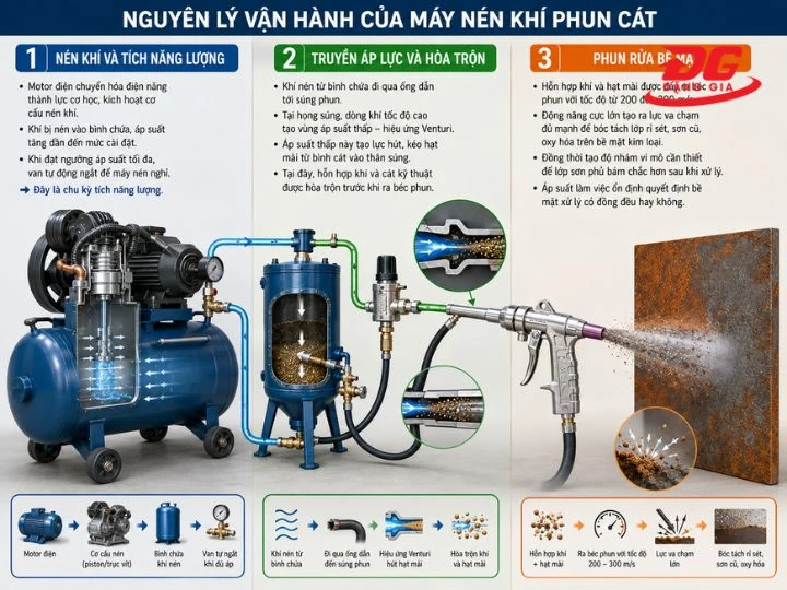 Sơ đồ nguyên lý vận hành của máy nén khí phun cát