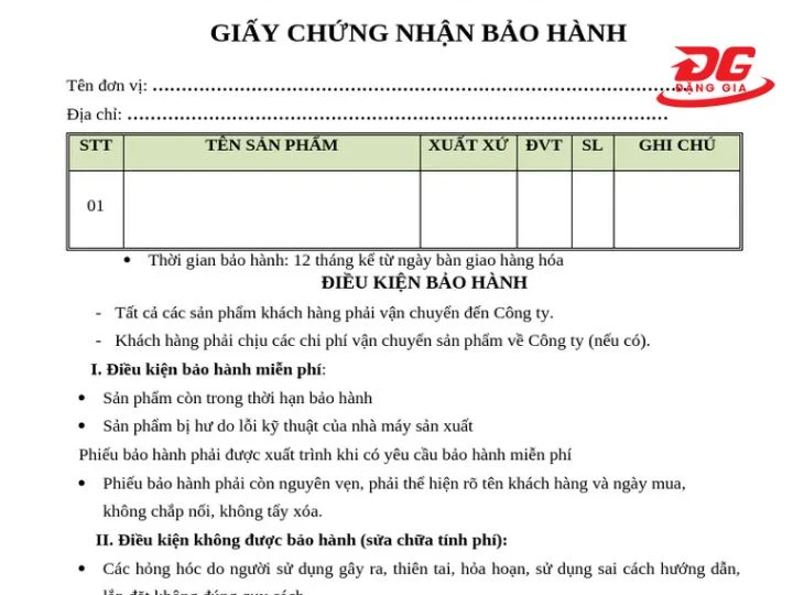 Phiếu bảo hành rõ ràng