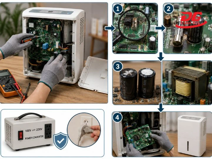 quy trình sửa máy hút ẩm cắm nhầm điện 220V