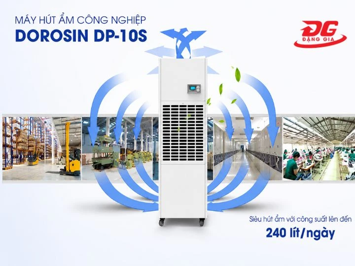 Máy hút ẩm công nghiệp Dorosin DP-10S sở hữu công suất 240 lít nước ẩm/24 giờ