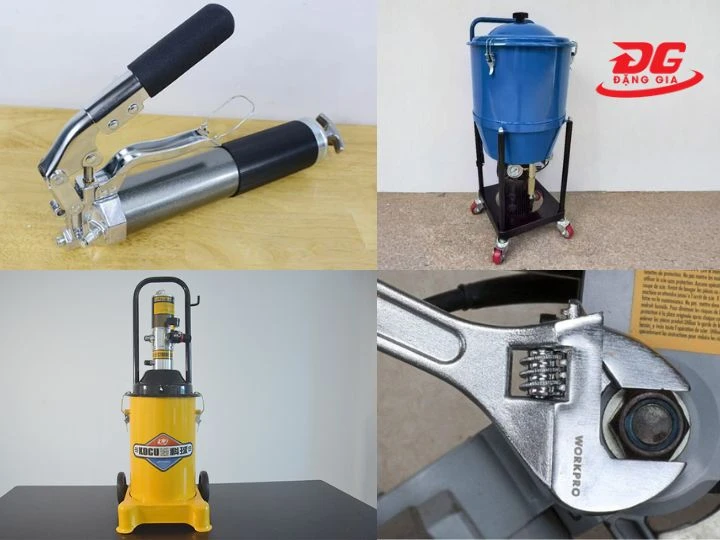 những dụng cụ chuẩn bị để bơm mỡ cho máy xúc