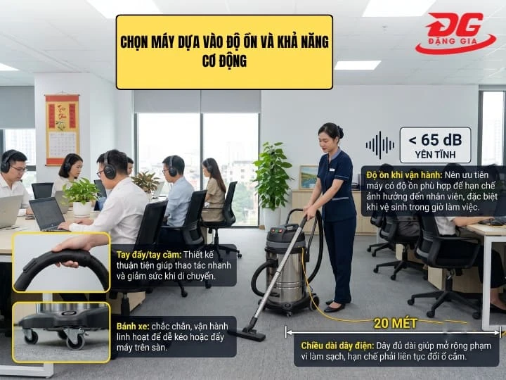 Nên ưu tiên dòng máy hút có trang bị bánh xe đúc, tay đẩy chắc chắn và vận hành êm ái 