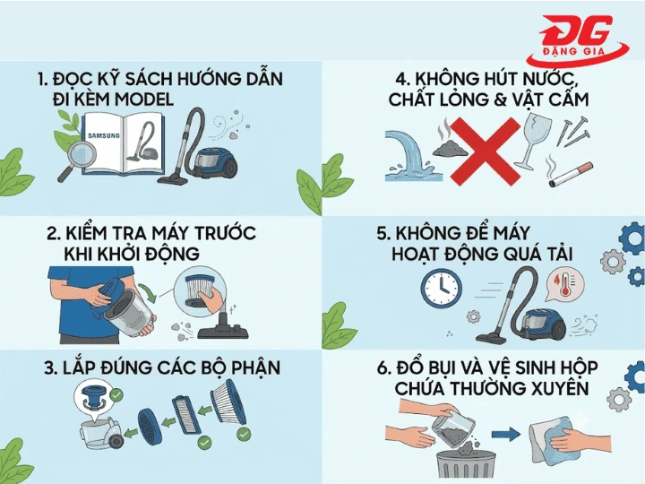 Đổ rác ngay khi đầy và kiểm tra ống hút thường xuyên giúp thiết bị luôn vận hành êm ái, kéo dài tuổi thọ.