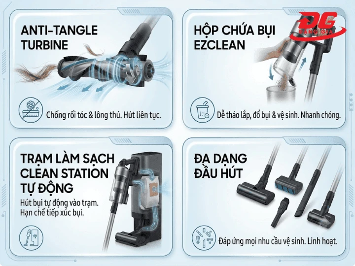 Công nghệ chống rối tóc (Anti-tangle) và tự động đổ rác giúp việc dọn dẹp trở nên thảnh thơi