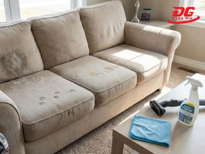 Phun đều dung dịch tẩy rửa chuyên dụng và ủ khoảng 5 phút để làm mềm vết bẩn