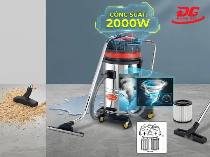 Máy hút bụi công nghiệp 2000W nổi bật với công suất mạnh