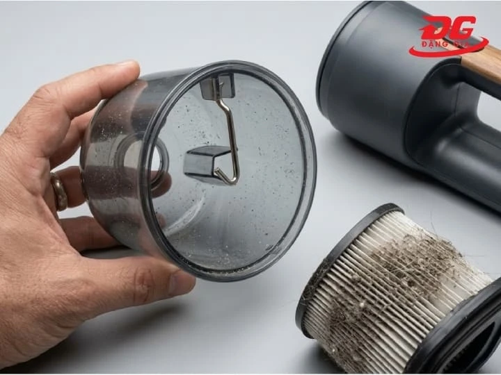 Đổ bỏ rác và vệ sinh sạch sẽ hộp chứa bụi