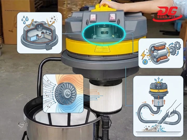 Vị trí bộ phận motor ở máy hút bụi công nghiệp
