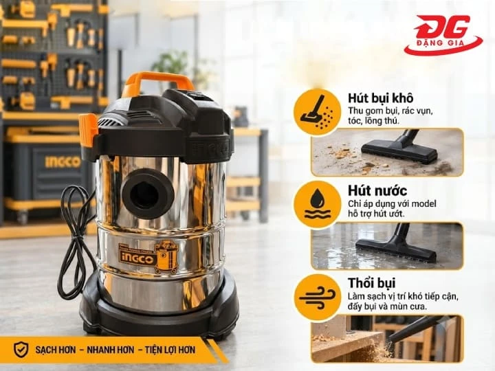 Máy hút bụi Ingco tích hợp nhiều chức năng hút bụi - hút nước - thổi bụi